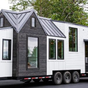 Charming Farmhouse Kootenay Tiny House with Fold-Down Deck by Tru Form Tiny